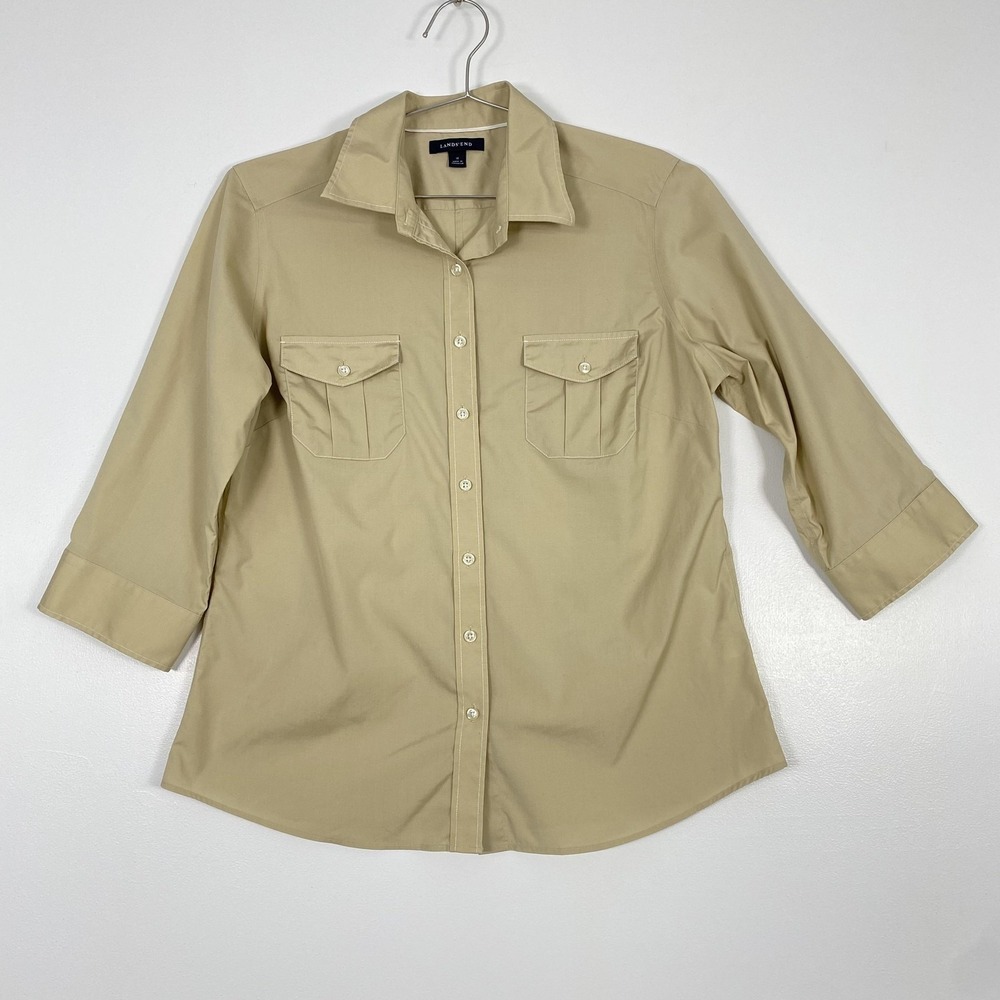 Lands' End Shirt Womens 12 Beige 3/4 Sleeve Button Front Stretch Top Pockets